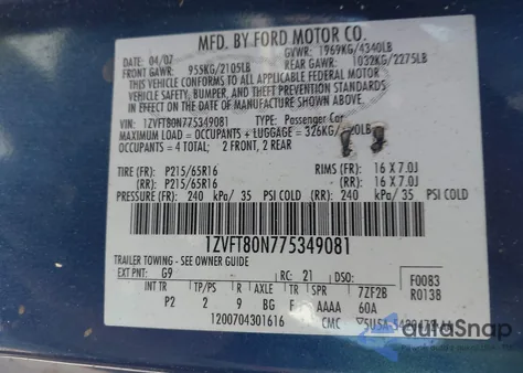 2007 Ford Mustang V6 Deluxe/V6 Premium from USA, damaged, VIN 1ZVFT80N775349081